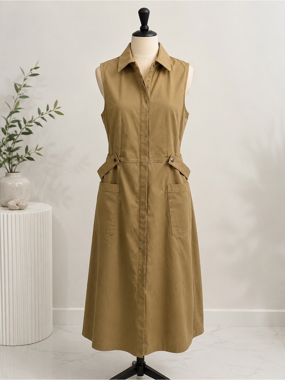 Alfani Olive Utility Trench Dress Sleeveless Button Front Pockets Petite 10P